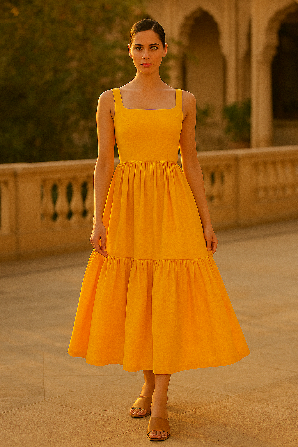 Saffron Bloom Tiered Midi Dress