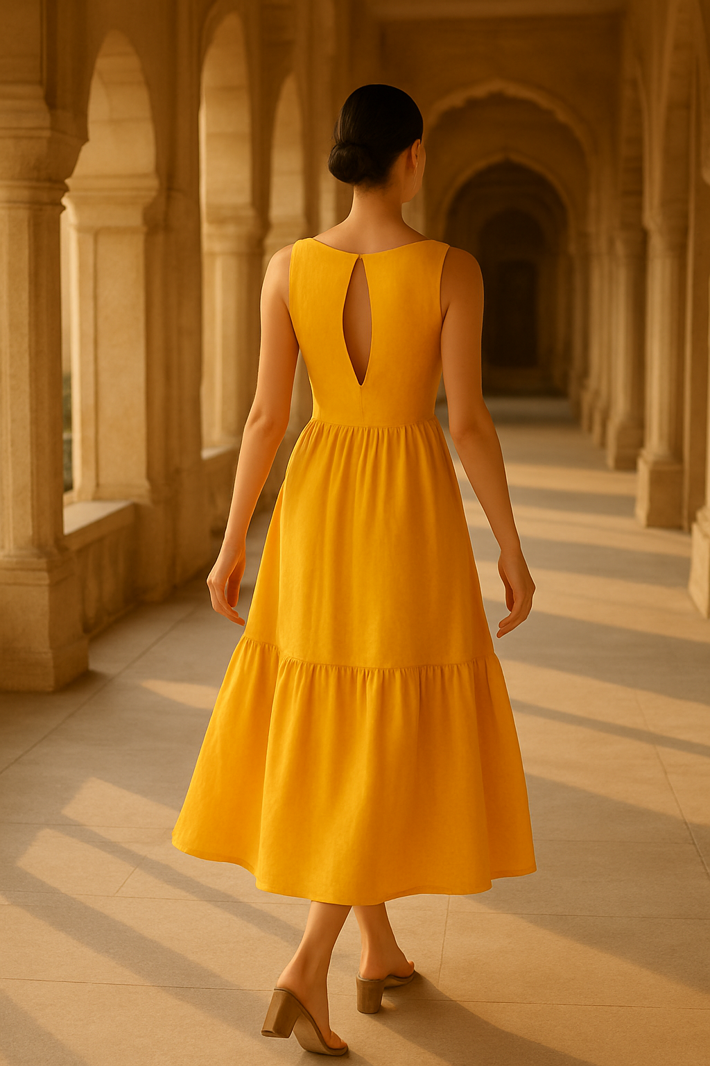 Saffron Bloom Tiered Midi Dress