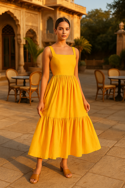 Saffron Bloom Tiered Midi Dress
