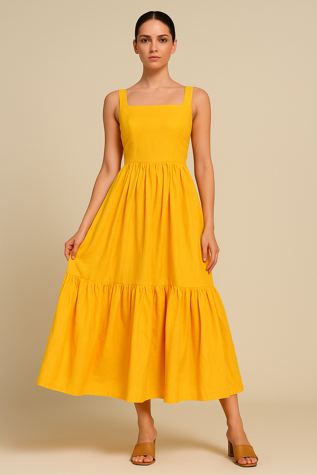 Saffron Bloom Tiered Midi Dress