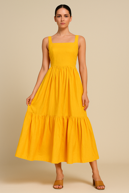 Saffron Bloom Tiered Midi Dress