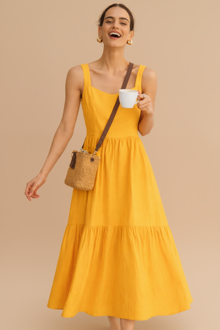 Saffron Bloom Tiered Midi Dress